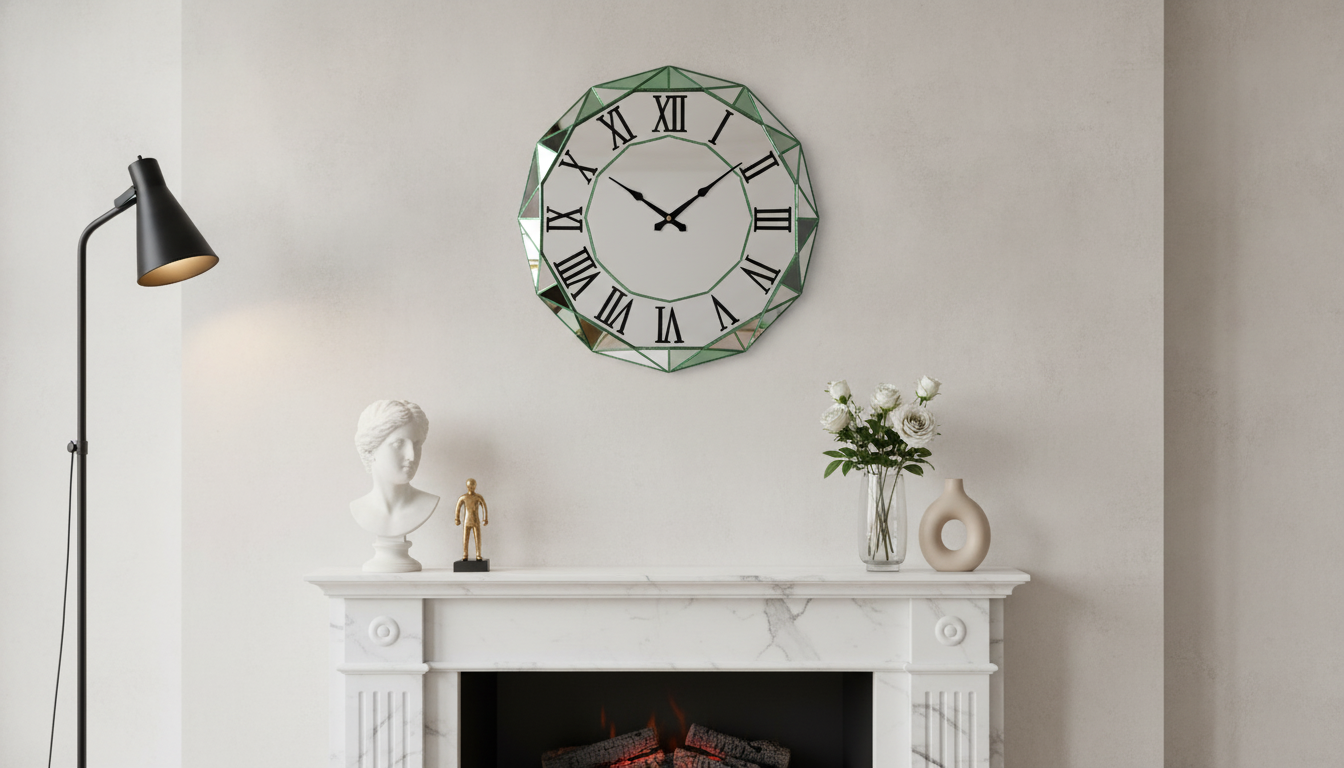 Irregular Beveled Mirror Wall Clock: Silent Roman Style