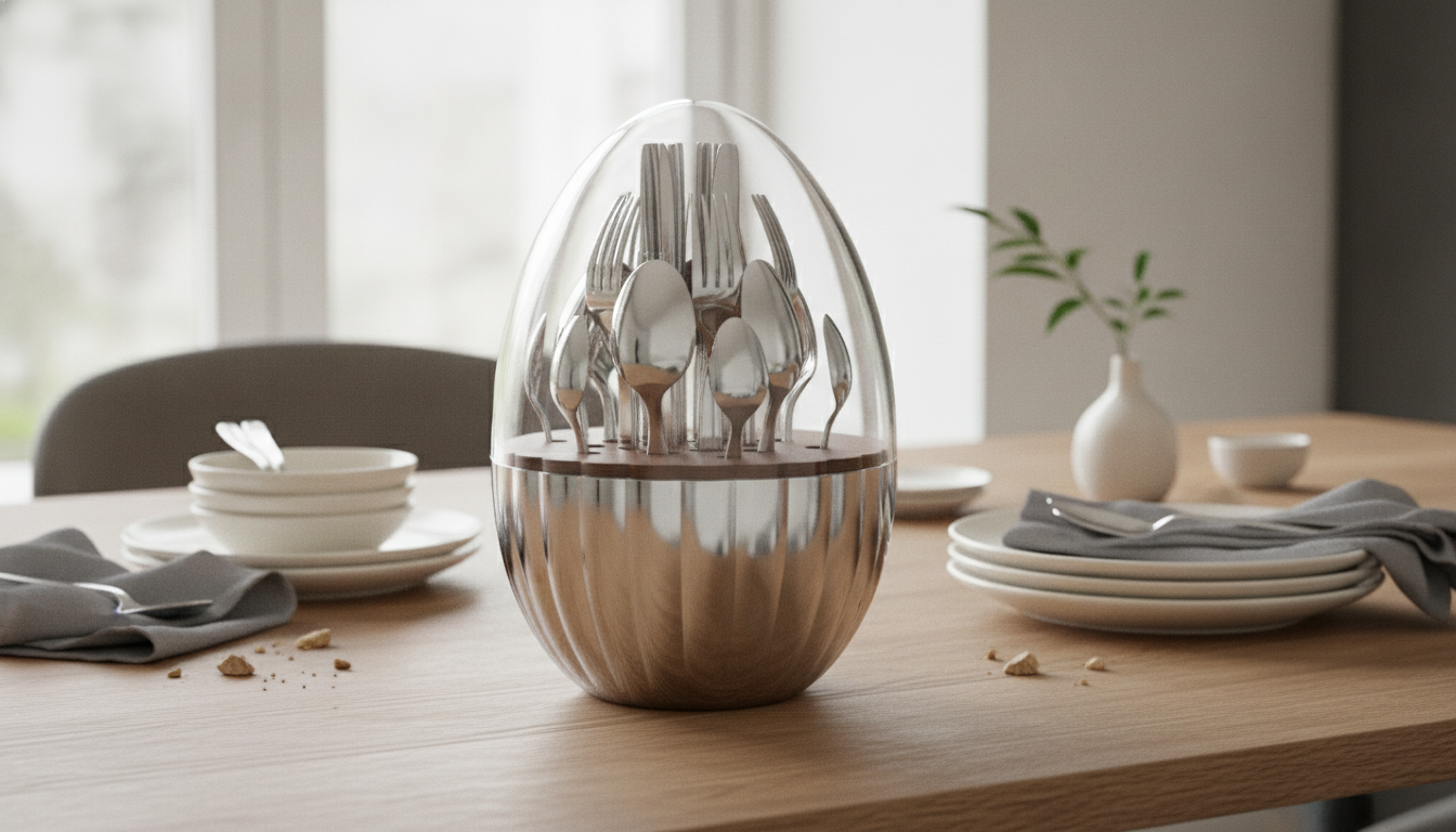 Modern 24-Piece Egg-Shaped Flatware with Walnut Accent